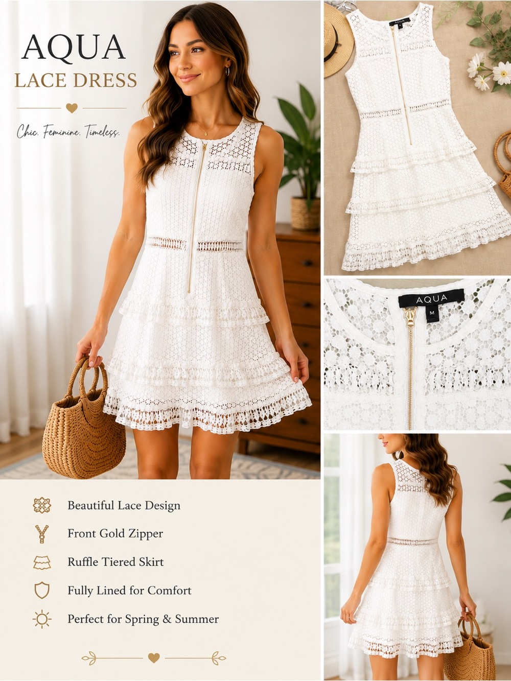Aqua White Lace Ruffle Tiered Sundress with Gold Zipper